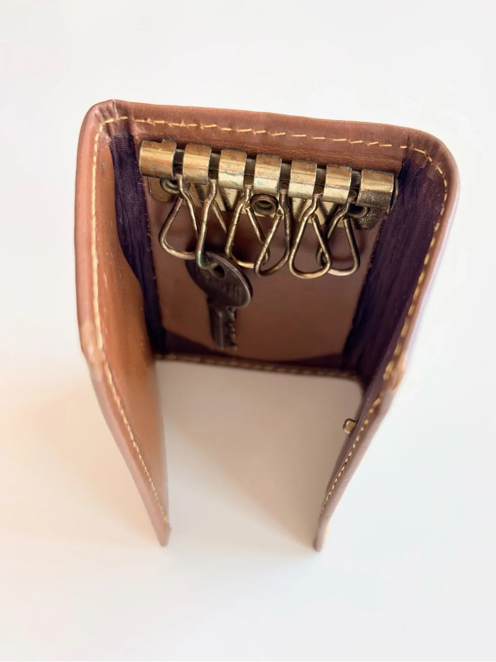 Canterbury Vintage 1980s Navy Plaid Key Holder Brown Leather Yellow Stitch Prepp